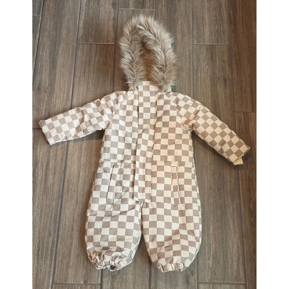 Rylee + Cru Kids Checkered Snowsuit Tan Cream Faux Fur Hood Down Fill 12-18m